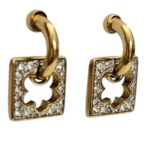 Swarovski Clear Rhinestone Square Flower Shape Dangle Clip Earrings, Signed L805 - Picture 2 of 9